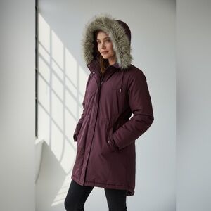GAP Women's Deep Purple Puffer Jacket with Fur Hood